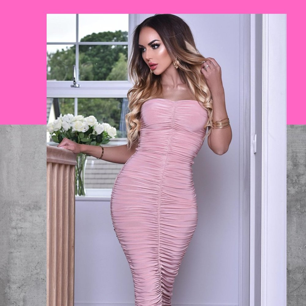 Last One🎉Dusty Pink Bandeau Ruched Midi Dress